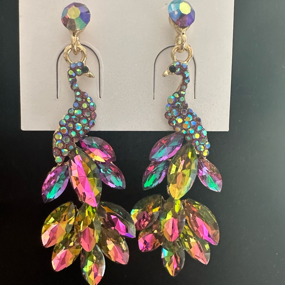 Peacock rhinestone dangle statement earrings, New! - Picture 7 of 14